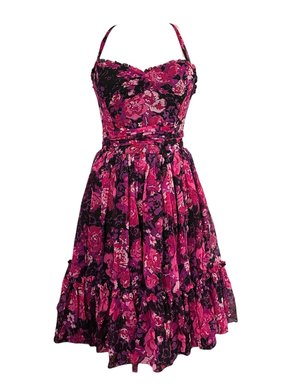 Vintage y2k Betsey Johnson Floral Silk Cupcake Dress with Lace Petticoat 8